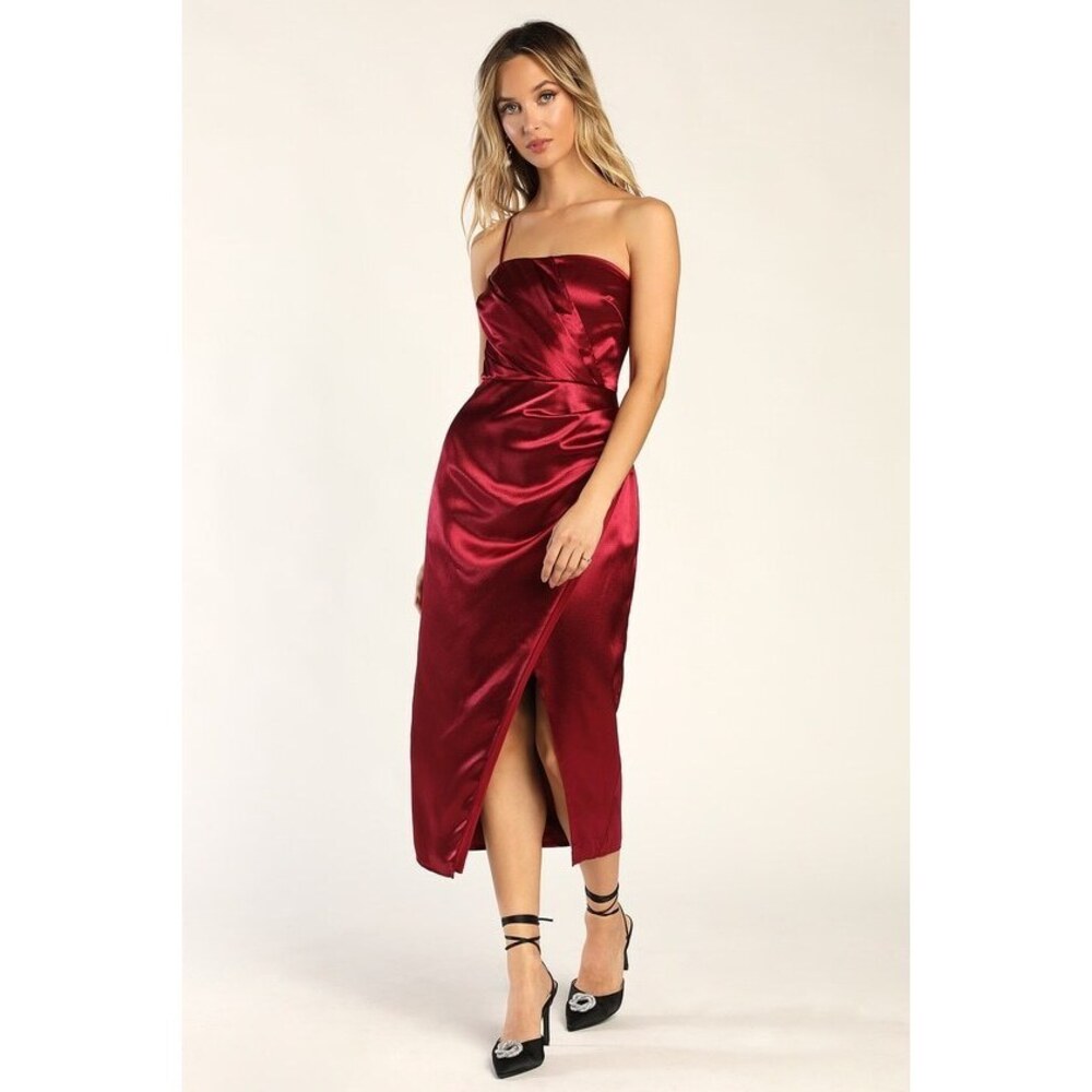Lulus Glamorous Entrance Wine Red Satin One Shoulder Midi Dress - Size m
